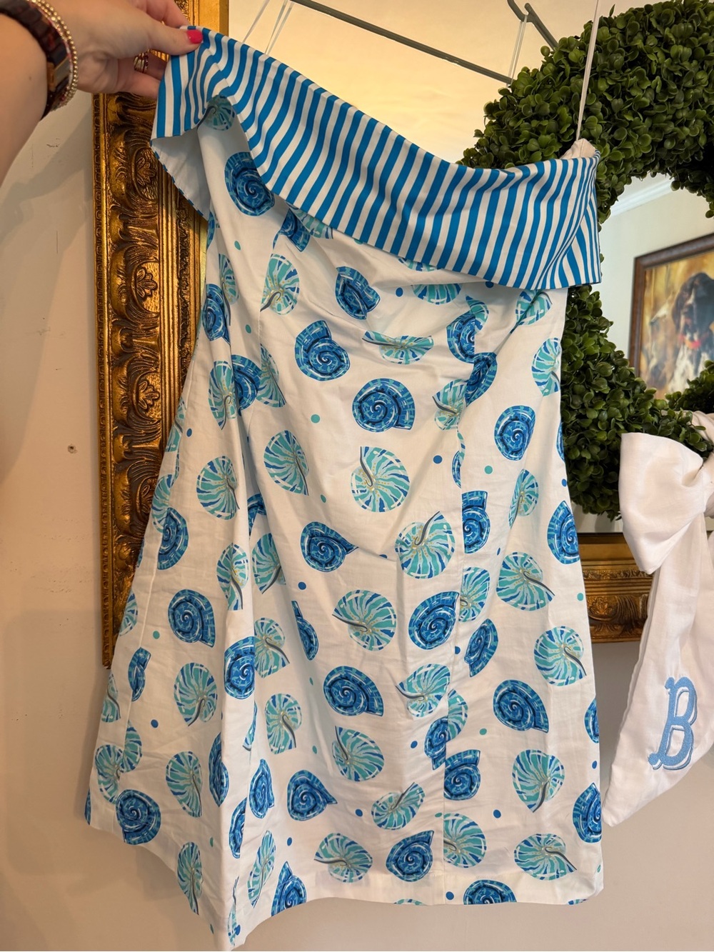 Blue Seashell Print Women's Bib Dress with Striped Waistband